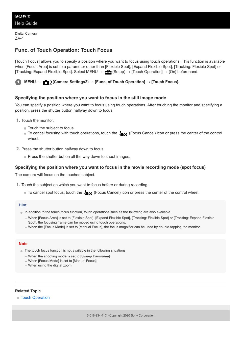 Func. of touch operation: touch focus | Sony Airpeak S1 Professional Drone User Manual | Page 446 / 555