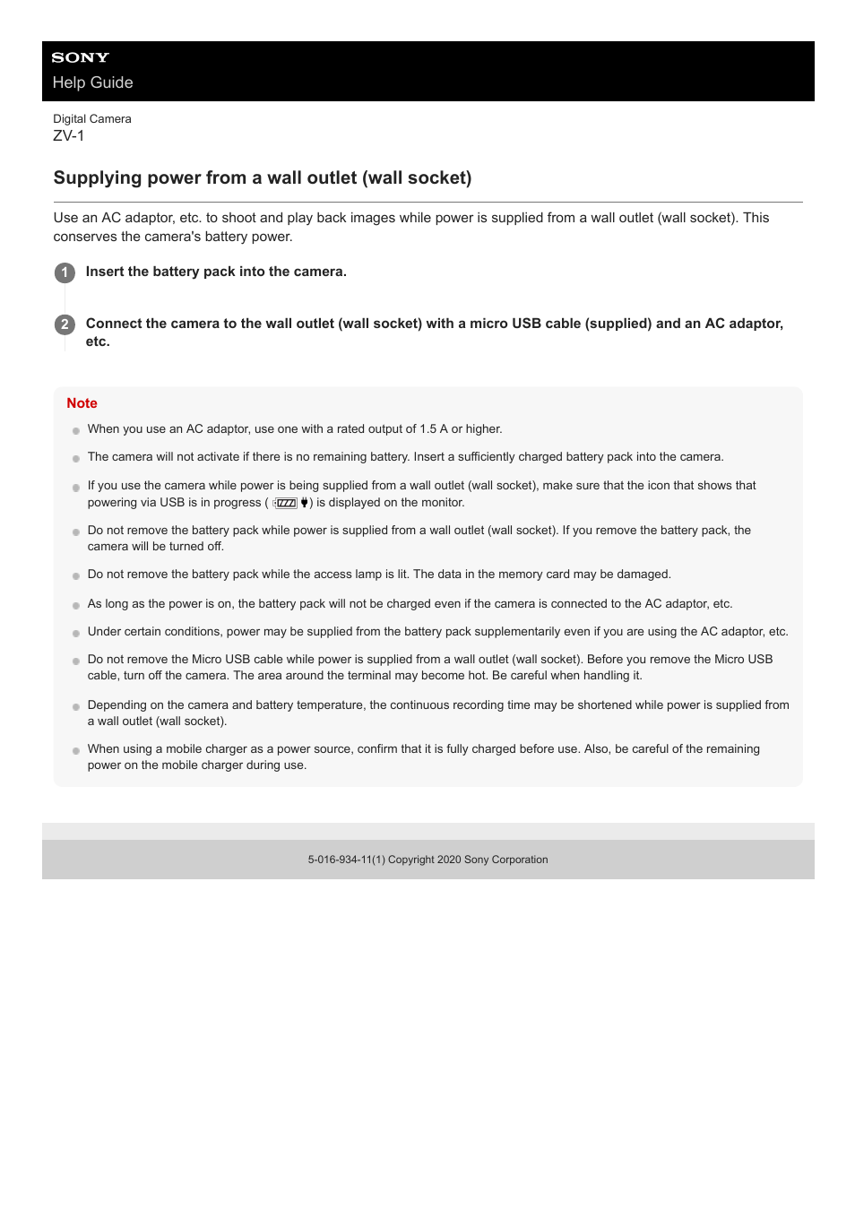 Supplying power from a wall outlet (wall socket), Help guide | Sony Airpeak S1 Professional Drone User Manual | Page 46 / 555