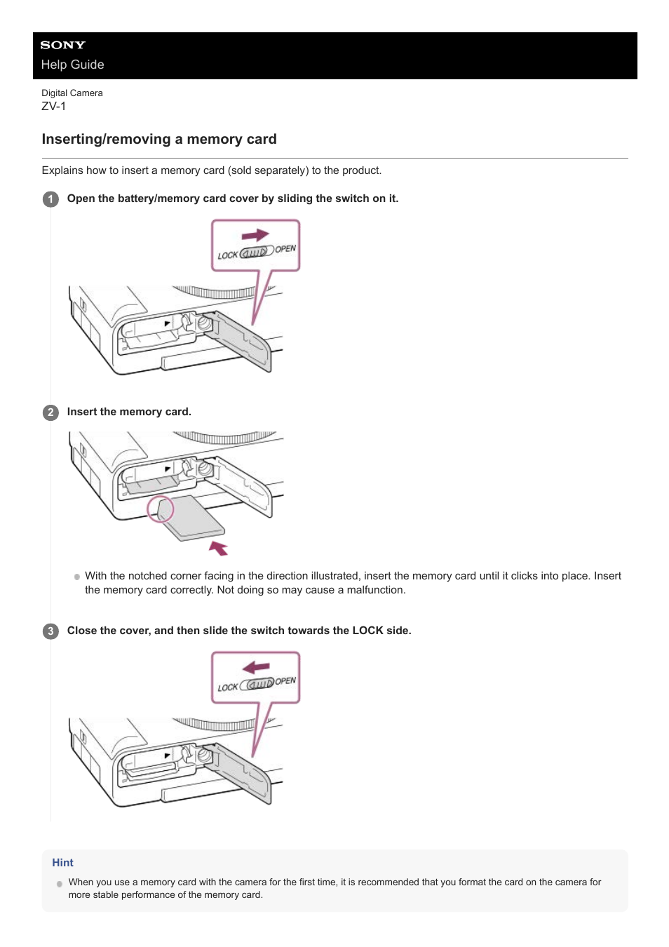 Inserting/removing a memory card | Sony Airpeak S1 Professional Drone User Manual | Page 50 / 555