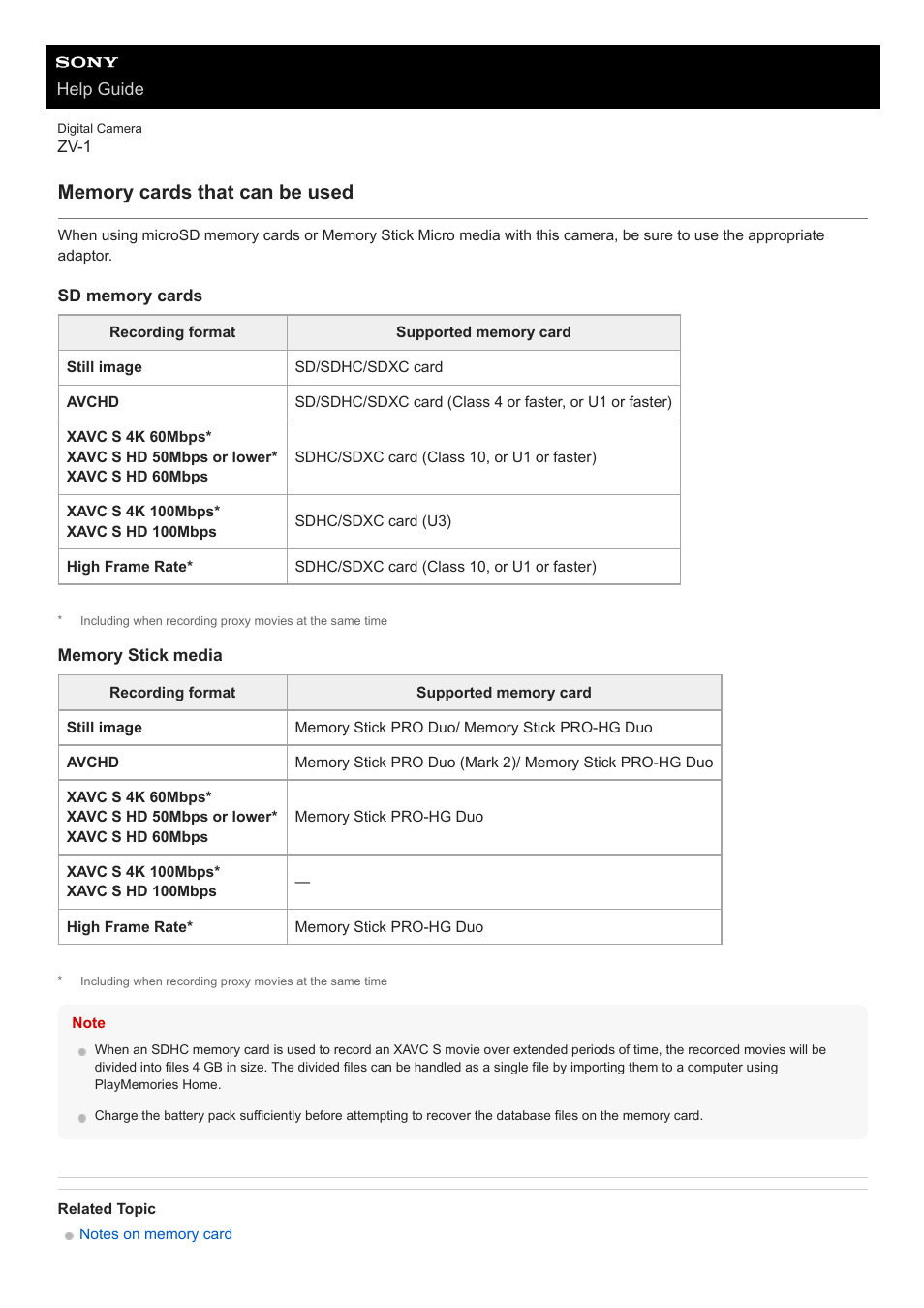Memory cards that can be used | Sony Airpeak S1 Professional Drone User Manual | Page 52 / 555