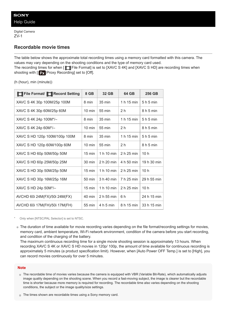 Recordable movie times | Sony Airpeak S1 Professional Drone User Manual | Page 542 / 555