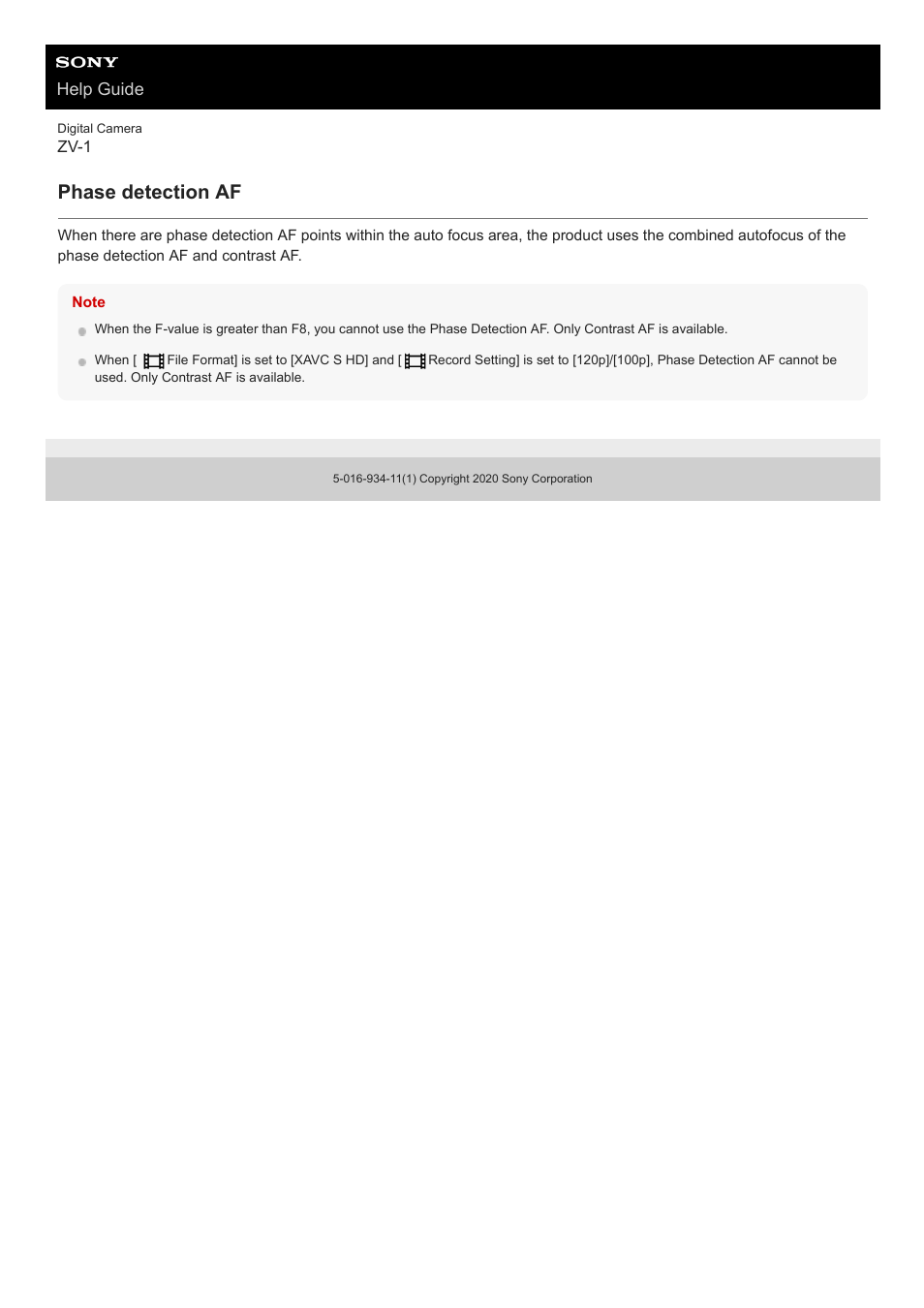 Phase detection af, Help guide | Sony Airpeak S1 Professional Drone User Manual | Page 64 / 555