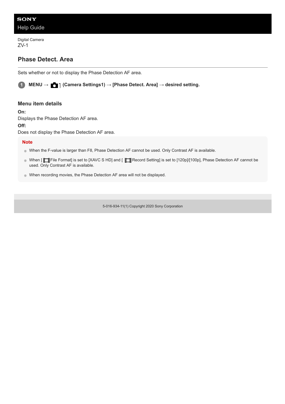 Phase detect. area | Sony Airpeak S1 Professional Drone User Manual | Page 76 / 555