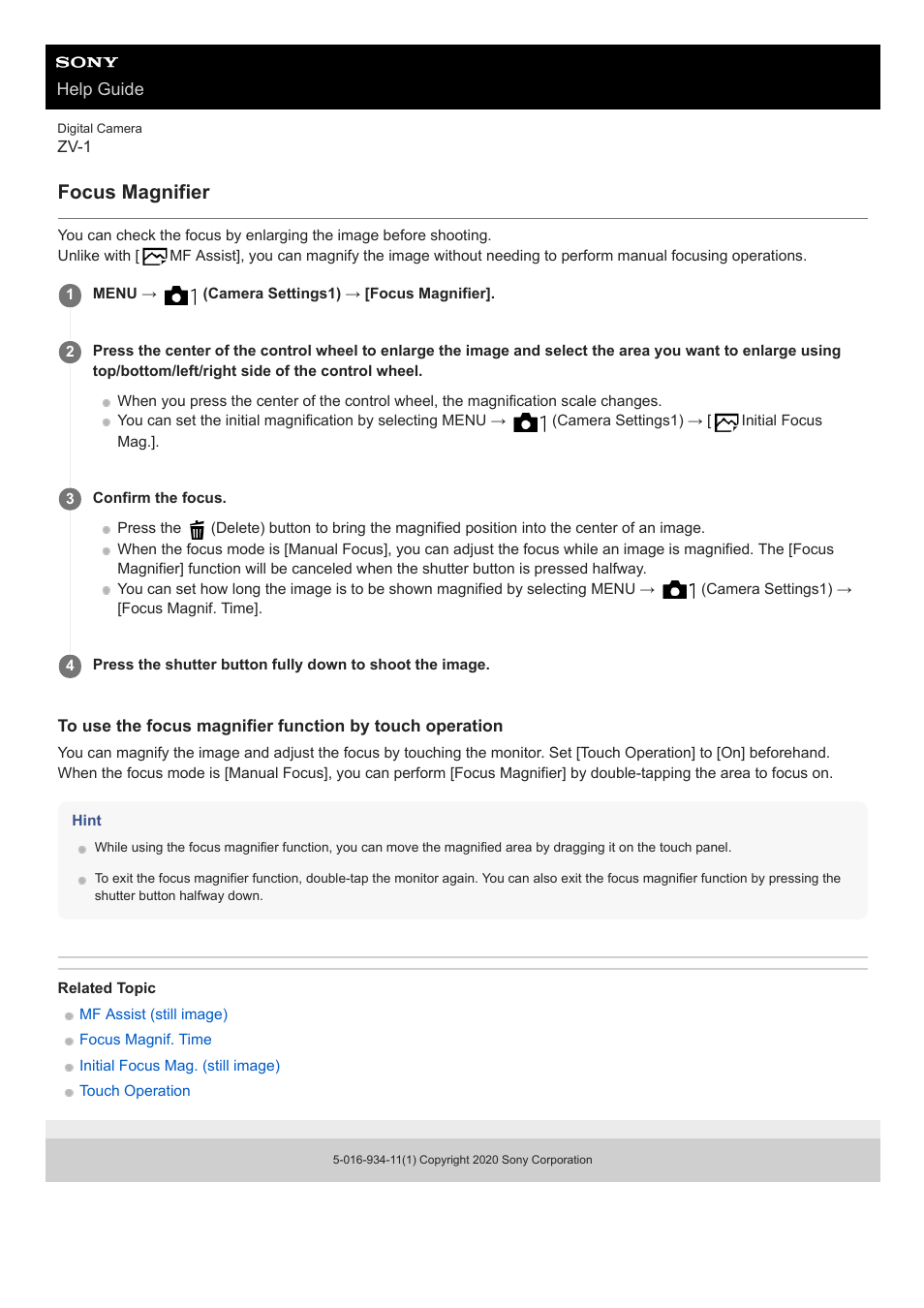 Focus magnifier | Sony Airpeak S1 Professional Drone User Manual | Page 80 / 555