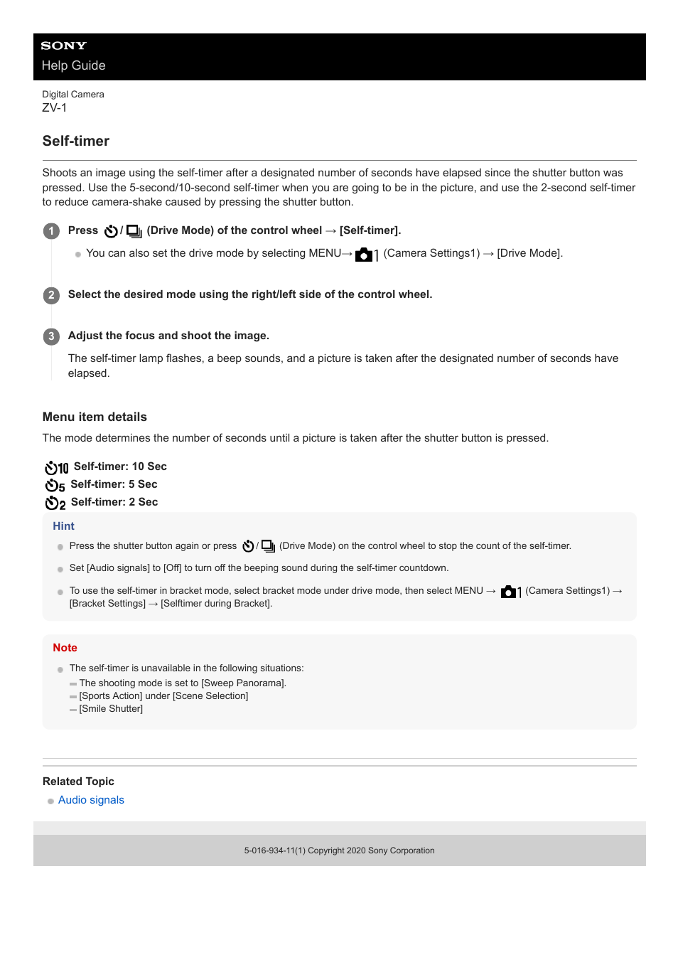 Self-timer | Sony Airpeak S1 Professional Drone User Manual | Page 89 / 555