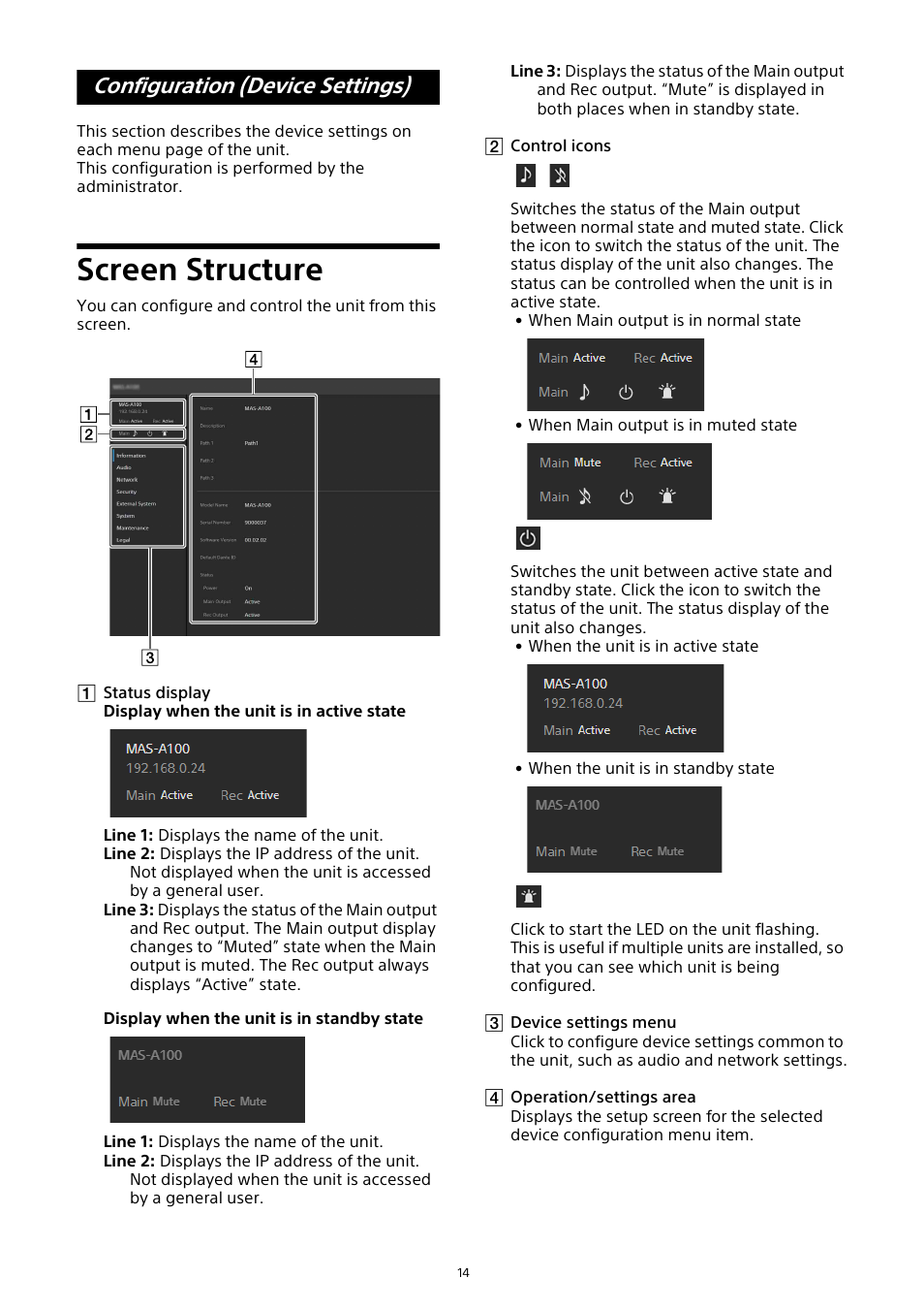 Configuration (device settings), Screen structure | Sony HVL-F20M External Flash User Manual | Page 14 / 33