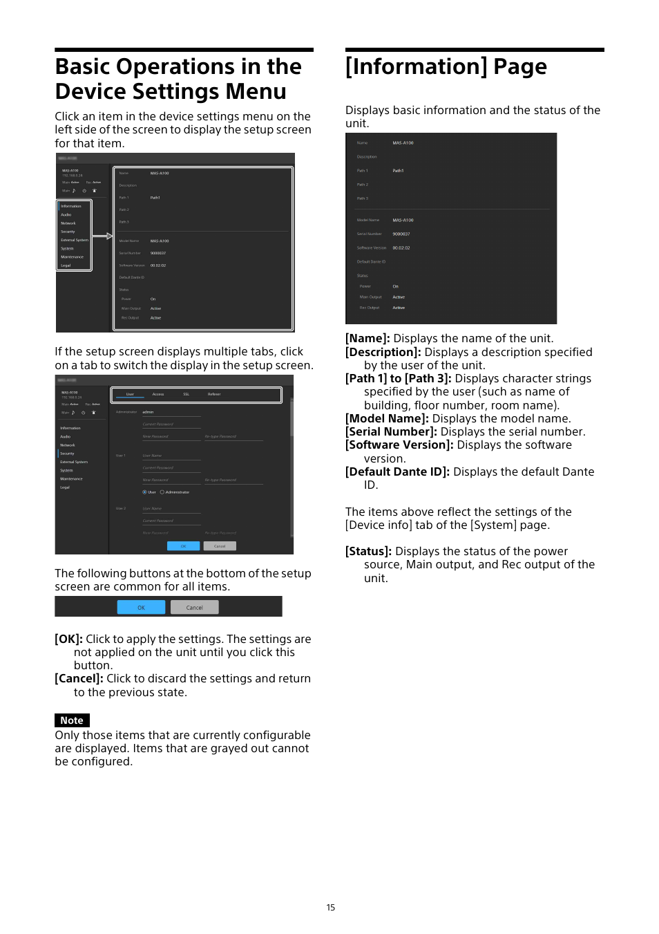 Basic operations in the device settings menu, Basic operations in the device settings, Menu | Information] page | Sony HVL-F20M External Flash User Manual | Page 15 / 33