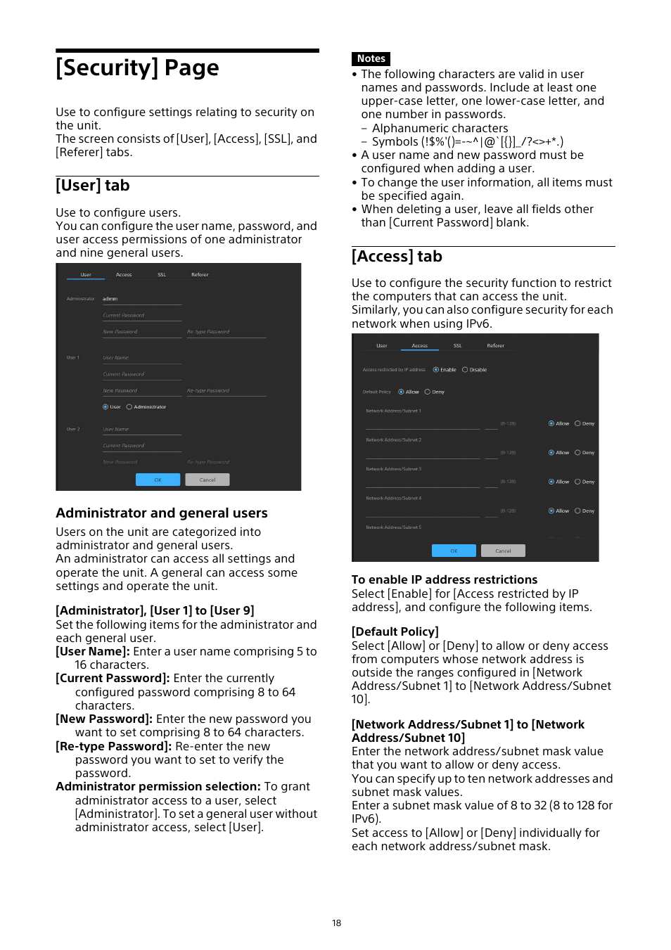 User] tab, Access] tab, Security] page | Sony HVL-F20M External Flash User Manual | Page 18 / 33