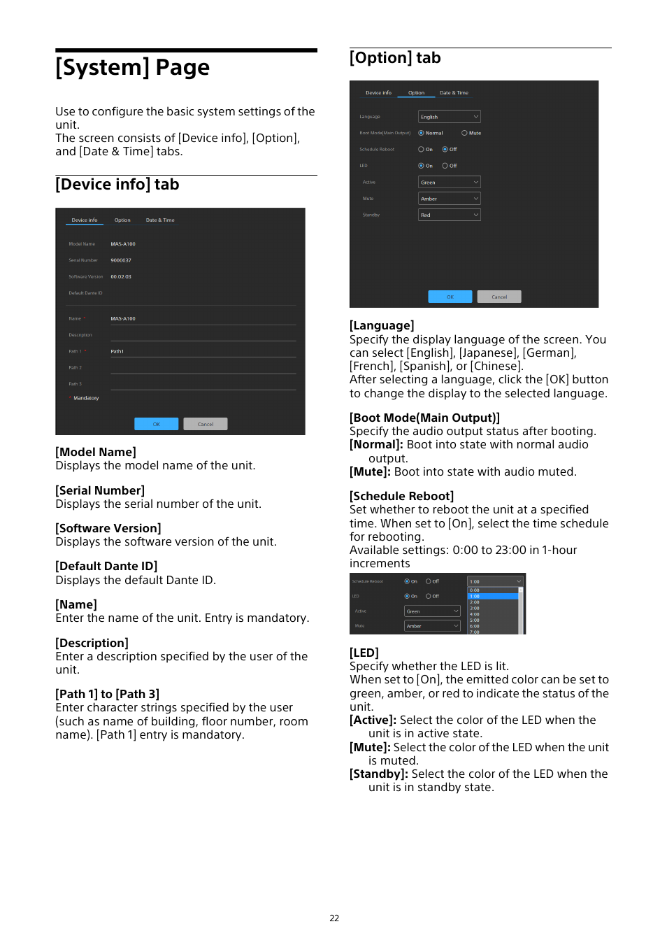 Device info] tab, Option] tab, System] page | Sony HVL-F20M External Flash User Manual | Page 22 / 33