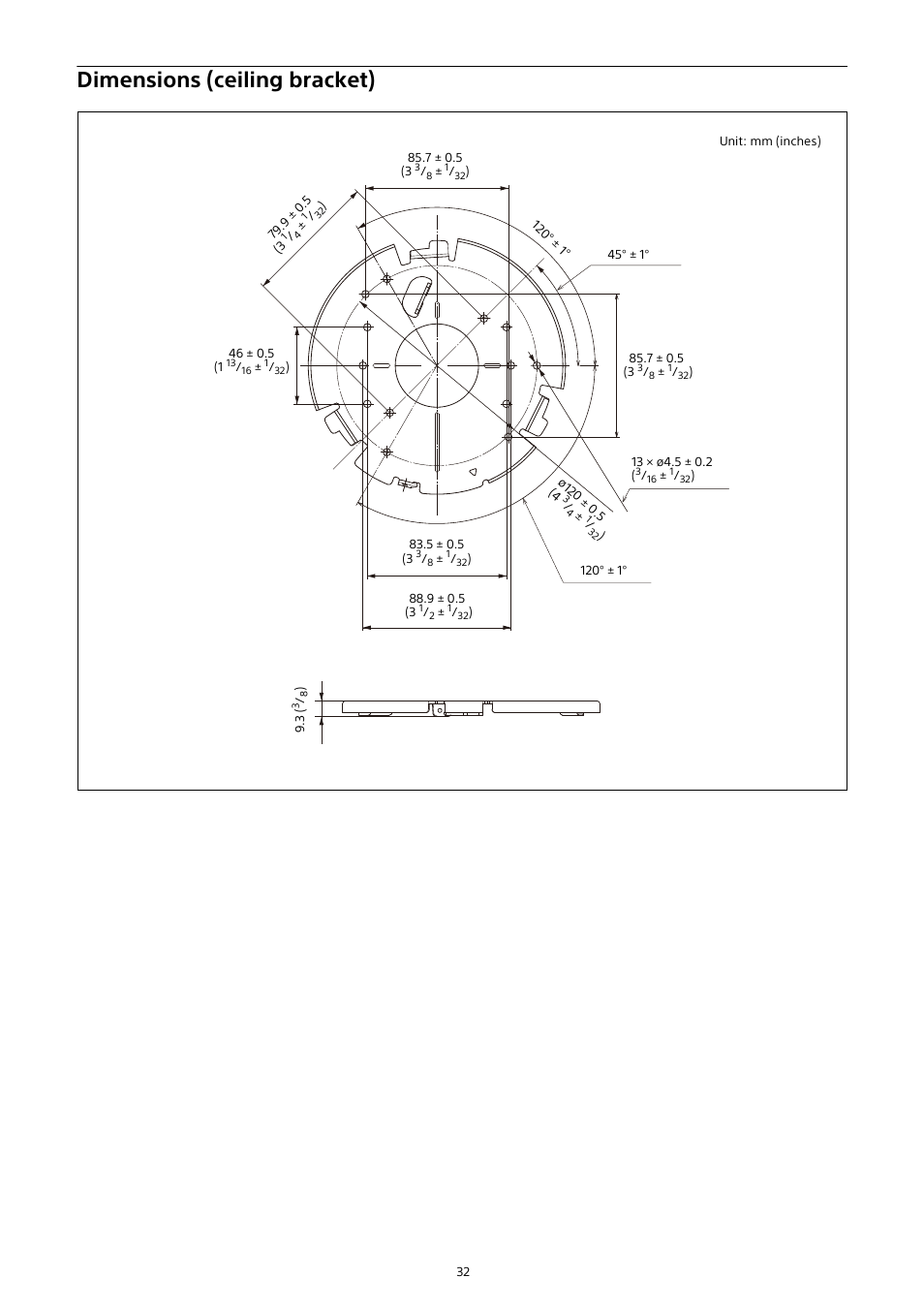 Dimensions (ceiling bracket), Dimensions | Sony HVL-F20M External Flash User Manual | Page 32 / 33