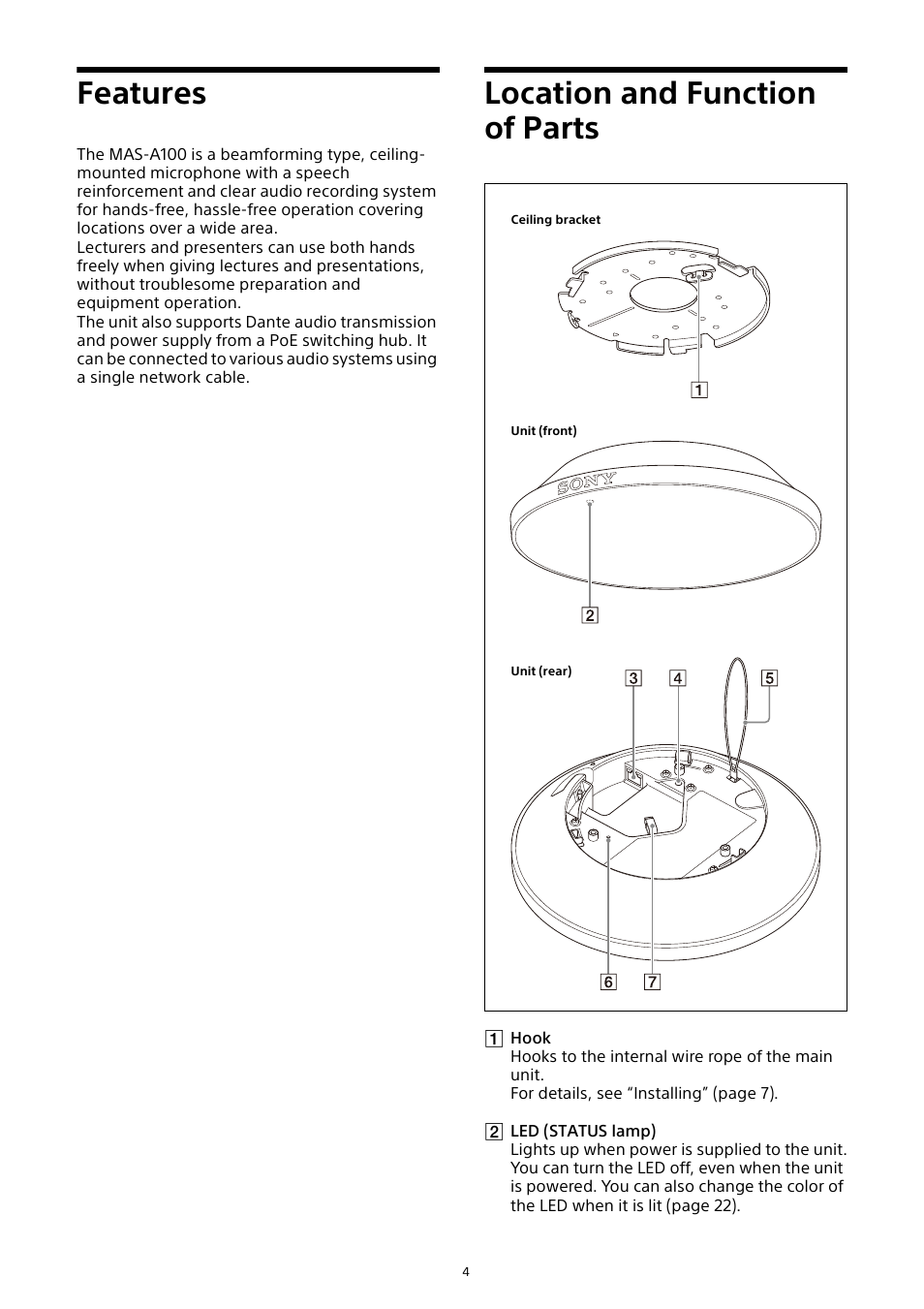 Features, Location and function of parts | Sony HVL-F20M External Flash User Manual | Page 4 / 33