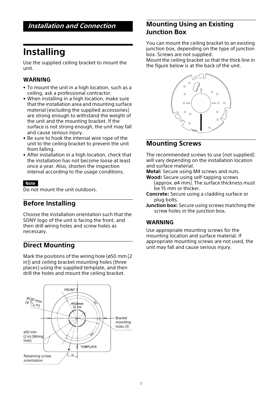 Installation and connection, Installing, Before installing | Direct mounting, Mounting using an existing junction, Mounting screws, Mounting using an existing junction box | Sony HVL-F20M External Flash User Manual | Page 7 / 33