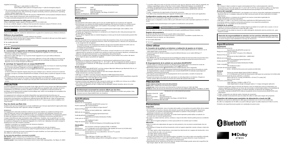 Mode d'emploi, Précaution, Précautions | Spécifications, Cómo utilizar, Precaución, Precauciones, Especificaciones | Sony HVL-LE1 Handycam Camcorder Light User Manual | Page 2 / 2