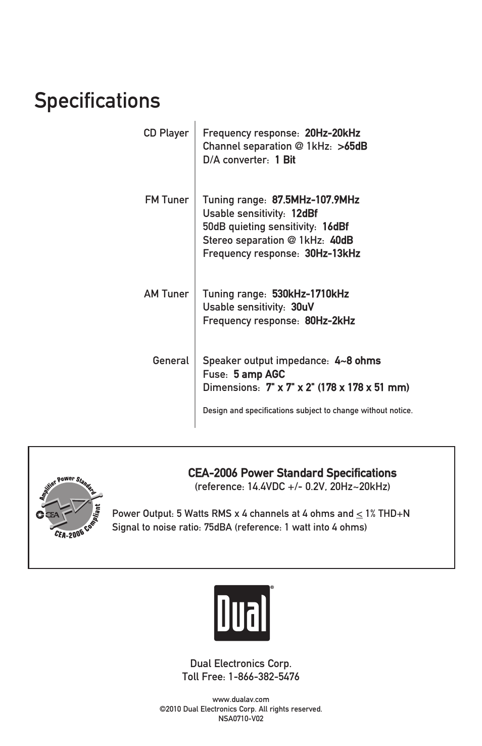 Specifications | Dual XD1225 User Manual | Page 12 / 12