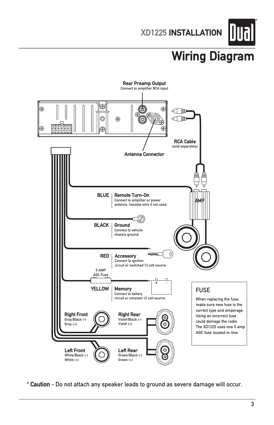 Wiring diagram, Xd1225 installation, Fuse | Dual XD1225 User Manual | Page 3 / 12