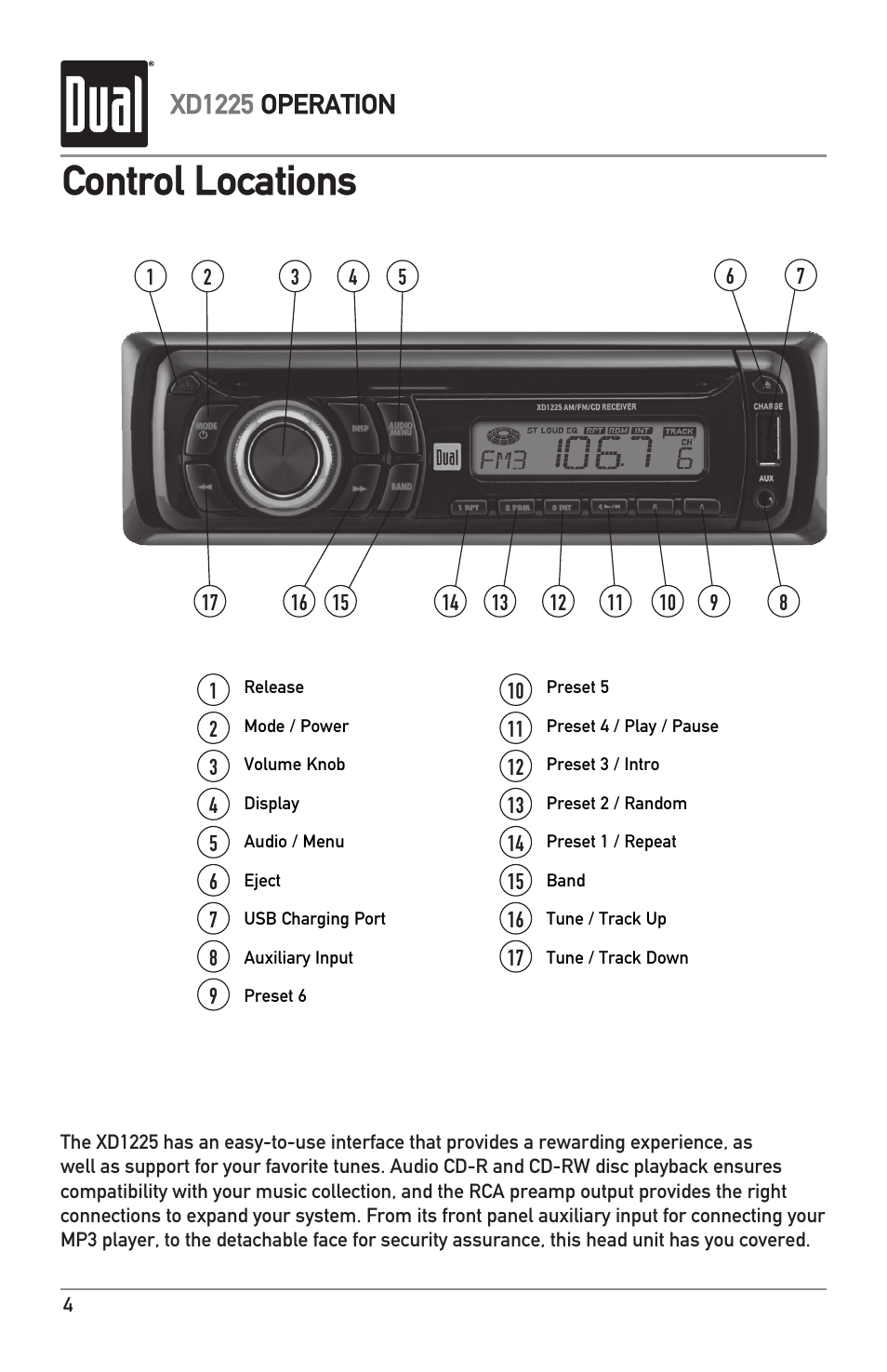 Control locations, Xd1225 operation | Dual XD1225 User Manual | Page 4 / 12