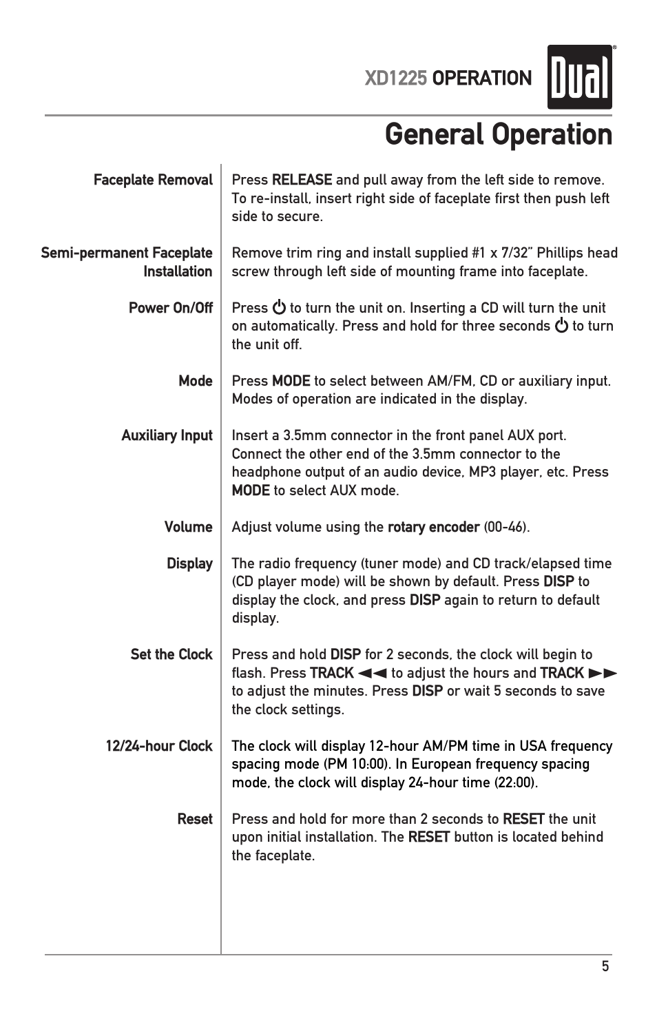 General operation, Xd1225 operation | Dual XD1225 User Manual | Page 5 / 12