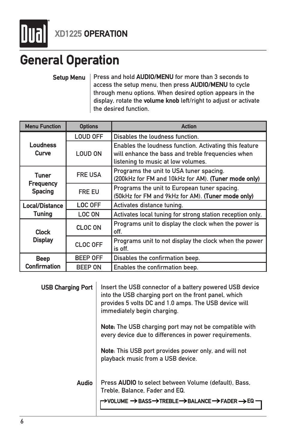 General operation, Xd1225 operation | Dual XD1225 User Manual | Page 6 / 12