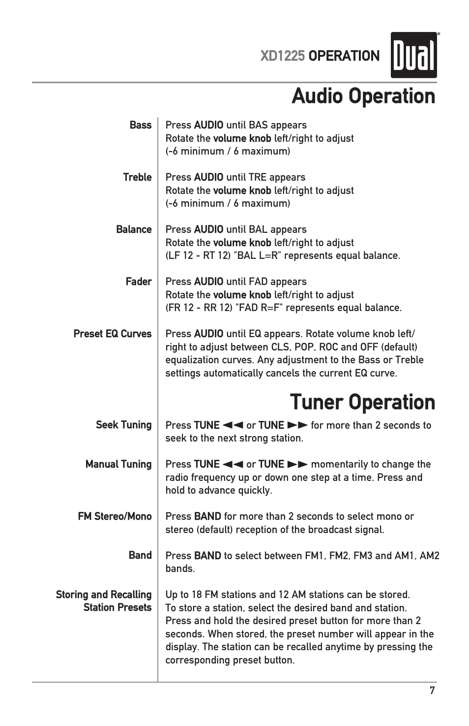 Audio operation, Tuner operation | Dual XD1225 User Manual | Page 7 / 12