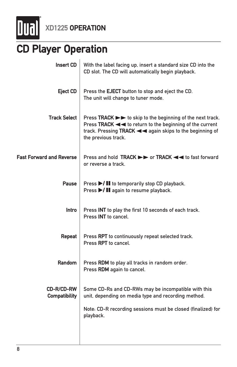 Cd player operation | Dual XD1225 User Manual | Page 8 / 12