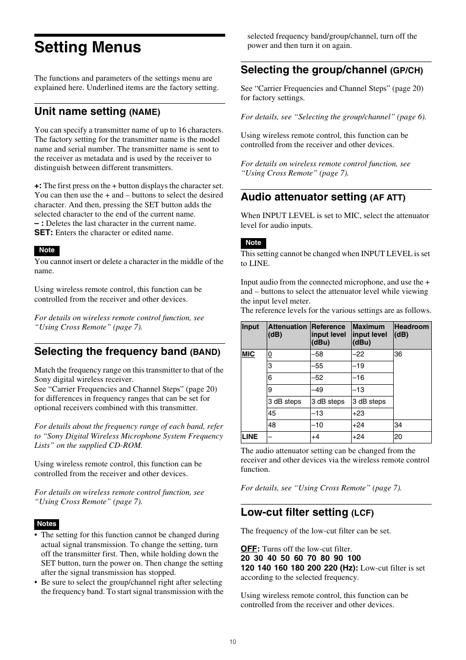 Setting menus, Unit name setting, Selecting the frequency band | Selecting the group/channel, Audio attenuator setting, Low-cut filter setting | Sony Multi Interface Shoe Adapter User Manual | Page 10 / 21