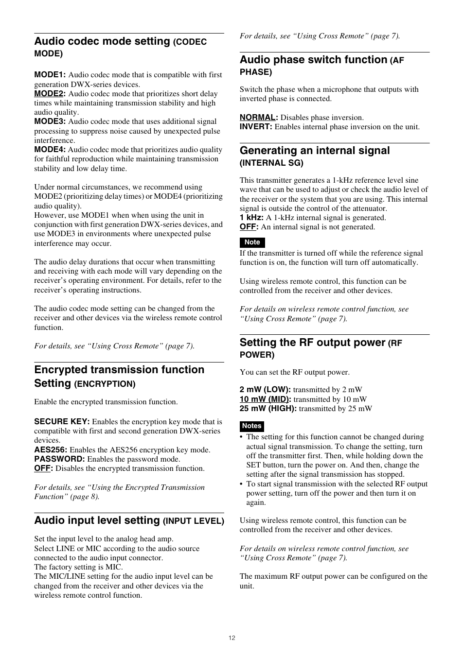 Encryption), Setting the rf output power (rf power), Audio codec mode setting | Encrypted transmission function setting, Audio input level setting, Audio phase switch function, Generating an internal signal, Setting the rf output power | Sony Multi Interface Shoe Adapter User Manual | Page 12 / 21