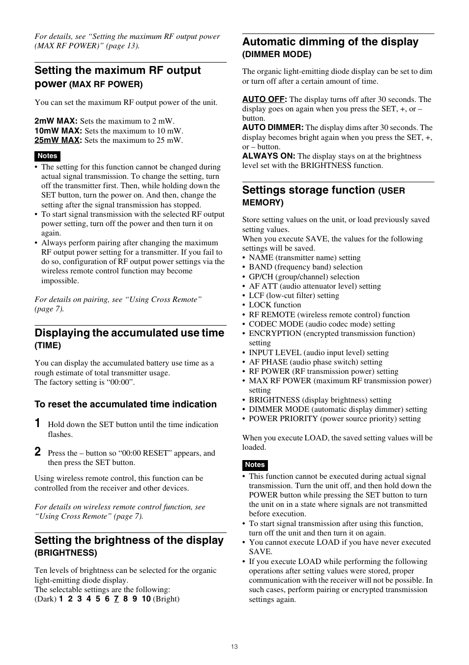 Setting the maximum rf output power (max rf, Power), Brightness) | Automatic dimming of the display (dimmer, Mode), Settings storage function (user memory), Setting the maximum rf output power, Displaying the accumulated use time, Setting the brightness of the display, Automatic dimming of the display | Sony Multi Interface Shoe Adapter User Manual | Page 13 / 21