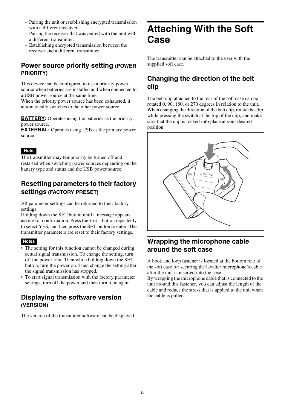 Attaching with the soft case, Power source priority setting (power, Priority) | Resetting parameters to their factory settings, Factory preset), Displaying the software version (version), Case, Power source priority setting, Displaying the software version, Changing the direction of the belt clip | Sony Multi Interface Shoe Adapter User Manual | Page 14 / 21