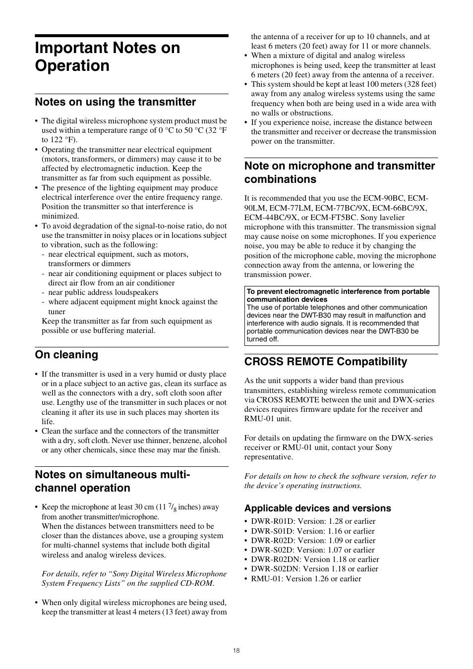 Important notes on operation, Notes on using the transmitter on cleaning, Notes on simultaneous multi-channel | Operation, Note on microphone and transmitter, Combinations, Cross remote compatibility, On cleaning | Sony Multi Interface Shoe Adapter User Manual | Page 18 / 21