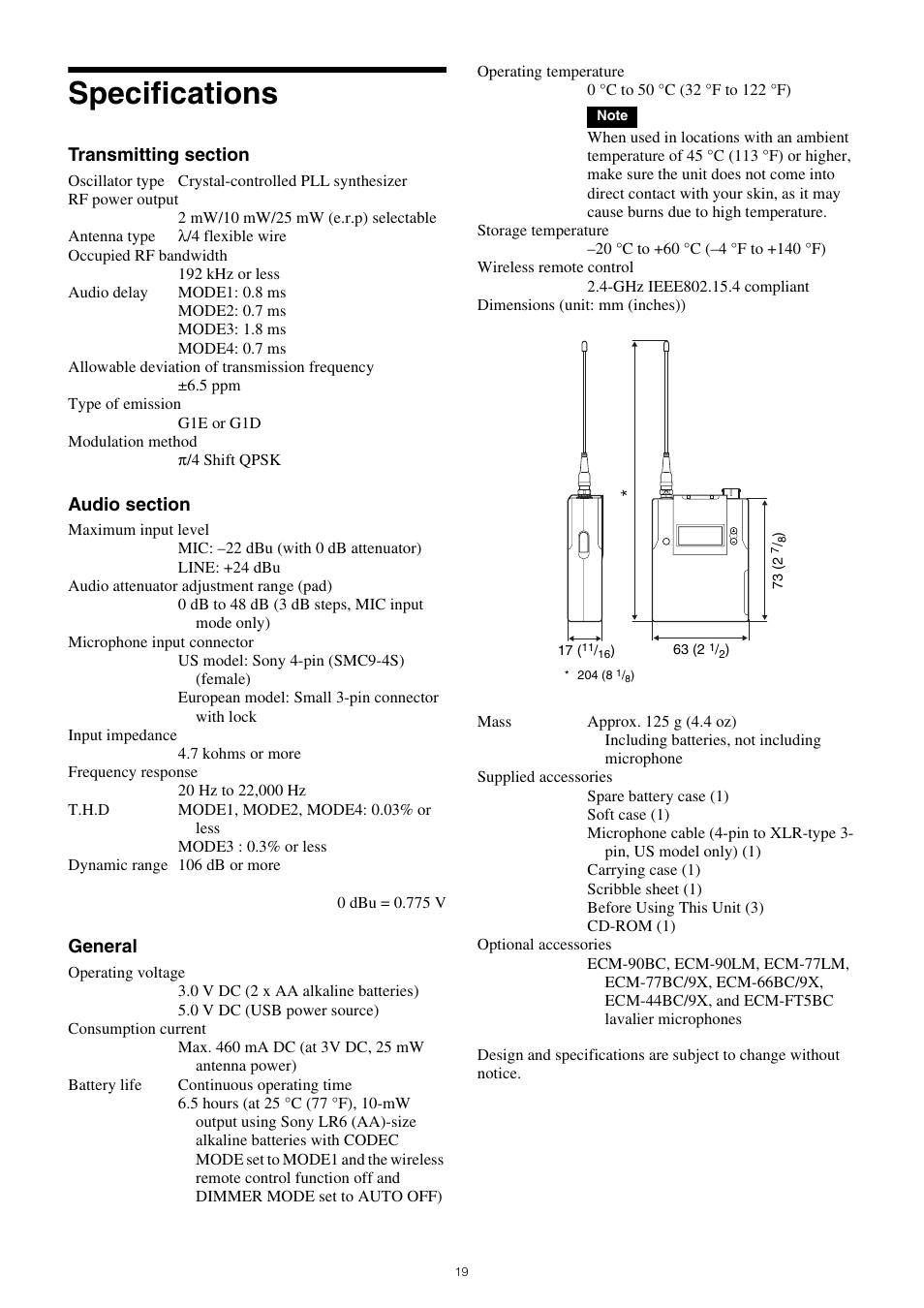Specifications, General | Sony Multi Interface Shoe Adapter User Manual | Page 19 / 21