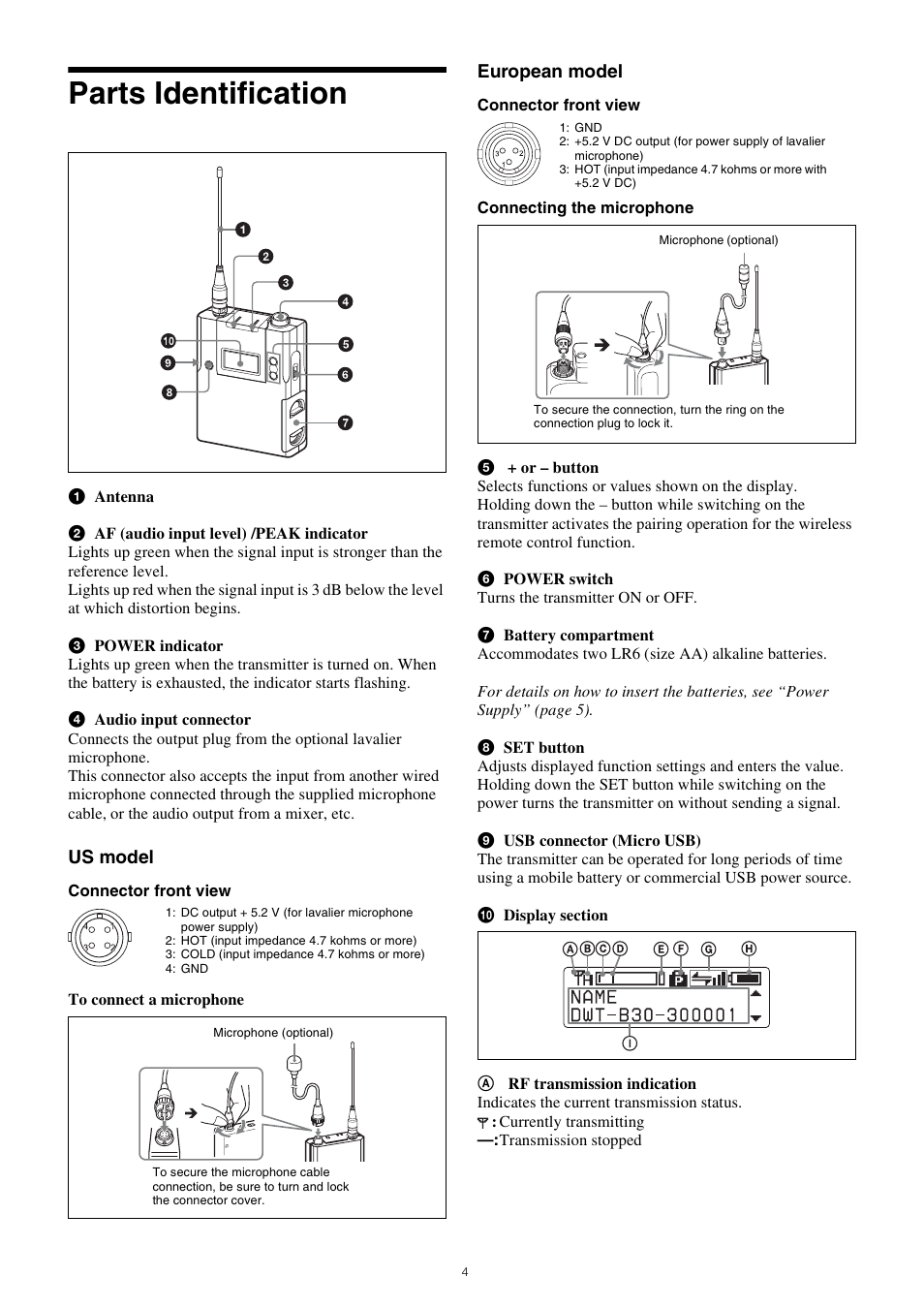 Parts identification, Us model, European model | Sony Multi Interface Shoe Adapter User Manual | Page 4 / 21