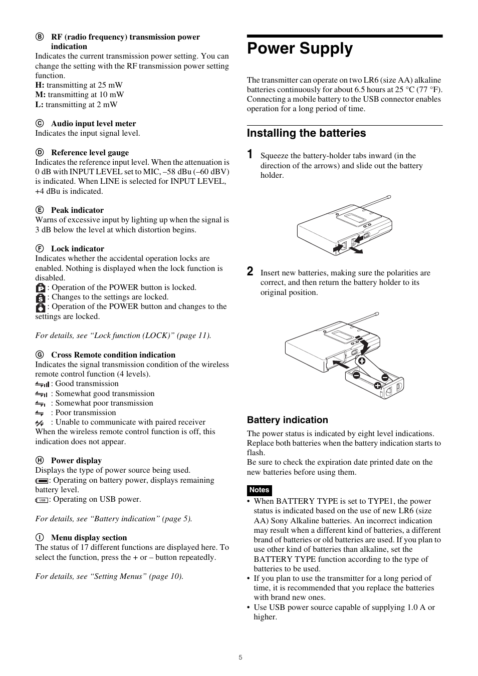 Power supply, Installing the batteries | Sony Multi Interface Shoe Adapter User Manual | Page 5 / 21