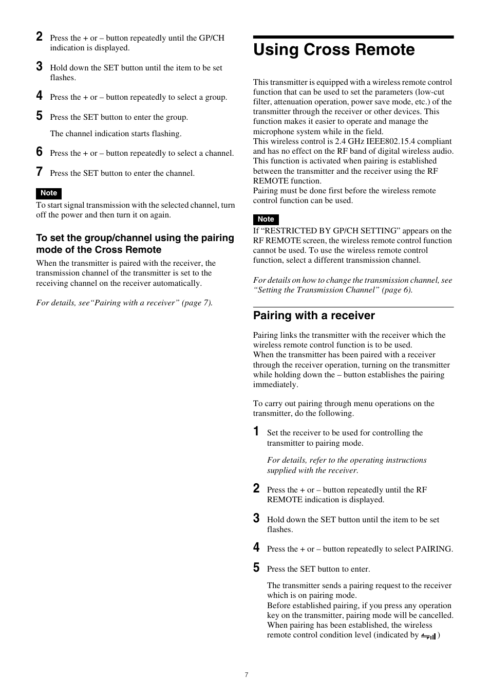 Using cross remote, Pairing with a receiver | Sony Multi Interface Shoe Adapter User Manual | Page 7 / 21