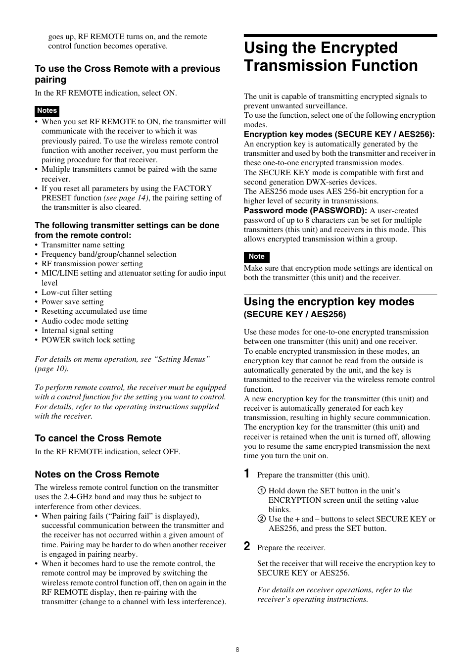 Using the encrypted transmission function, Using the encryption key modes (secure key, Aes256) | Using the encryption key modes | Sony Multi Interface Shoe Adapter User Manual | Page 8 / 21