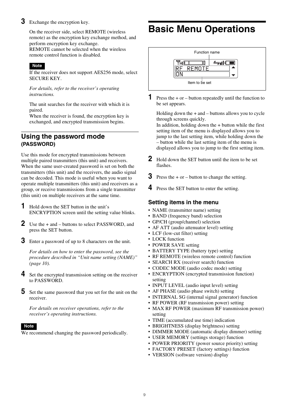 Basic menu operations, Using the password mode (password), Using the password mode | Sony Multi Interface Shoe Adapter User Manual | Page 9 / 21