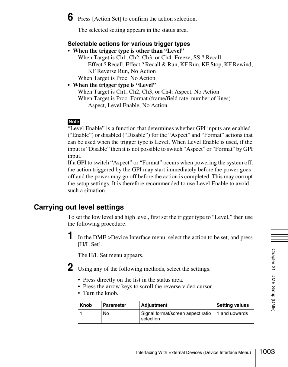 Selectable actions for various trigger types, Carrying out level settings | Sony Multi Interface Shoe Adapter User Manual | Page 1003 / 1094