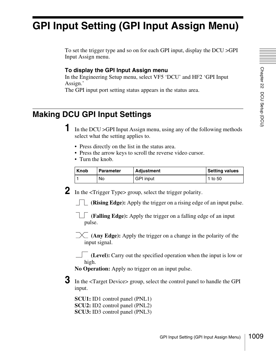 Gpi input setting (gpi input assign menu), Making dcu gpi input settings, Gpi input setting (gpi input assign menu) 9 | Making dcu gpi input settings 9 | Sony Multi Interface Shoe Adapter User Manual | Page 1009 / 1094