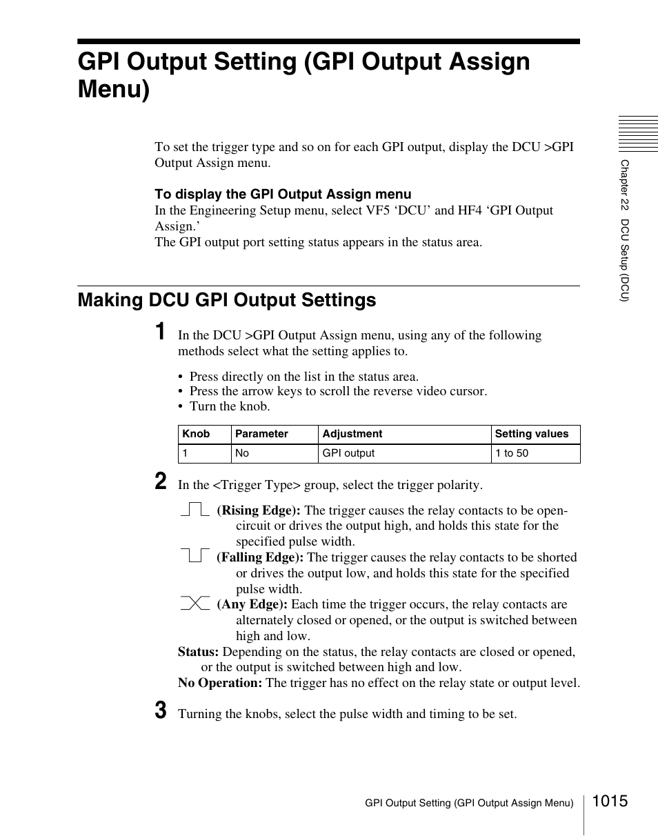 Gpi output setting (gpi output assign menu), Making dcu gpi output settings, Gpi output setting (gpi output assign menu) 5 | Making dcu gpi output settings 5 | Sony Multi Interface Shoe Adapter User Manual | Page 1015 / 1094