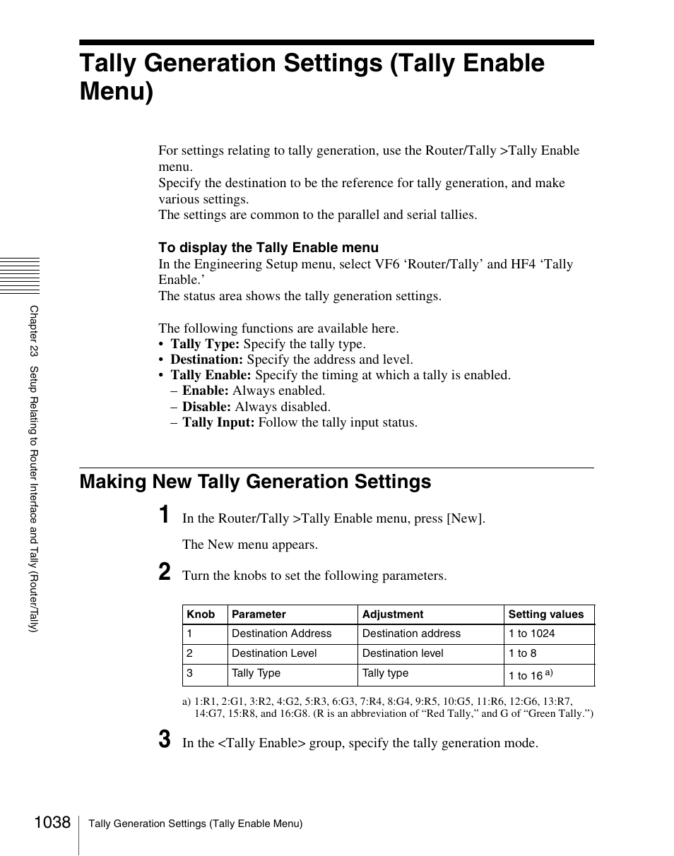 Tally generation settings (tally enable menu), Making new tally generation settings, Tally generation settings (tally enable menu) 8 | Making new tally generation settings 8 | Sony Multi Interface Shoe Adapter User Manual | Page 1038 / 1094