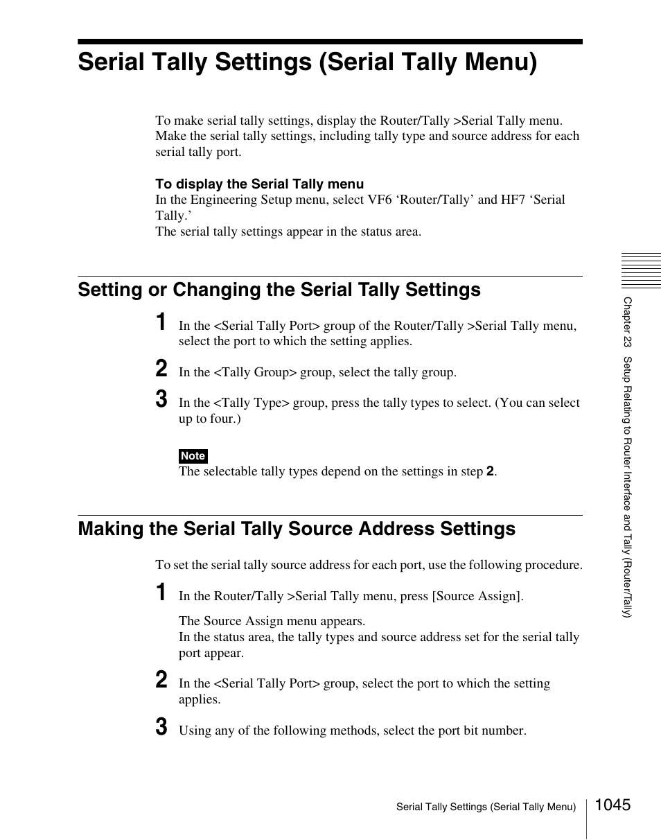 Serial tally settings (serial tally menu), Setting or changing the serial tally settings, Making the serial tally source address settings | Serial tally settings (serial tally menu) 5 | Sony Multi Interface Shoe Adapter User Manual | Page 1045 / 1094