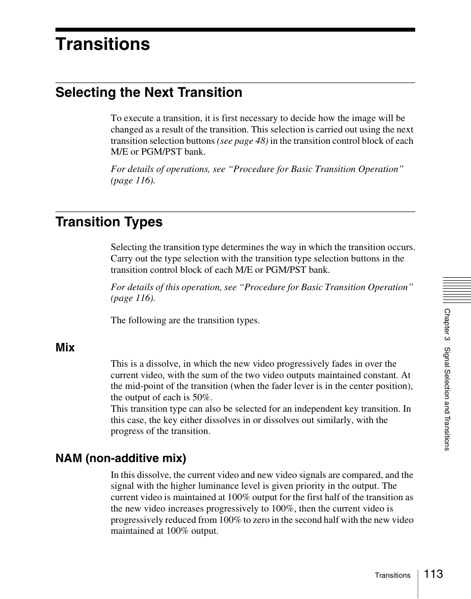 Transitions, Selecting the next transition, Transition types | Selecting the next transition transition types, Nam (non-additive mix) | Sony Multi Interface Shoe Adapter User Manual | Page 113 / 1094