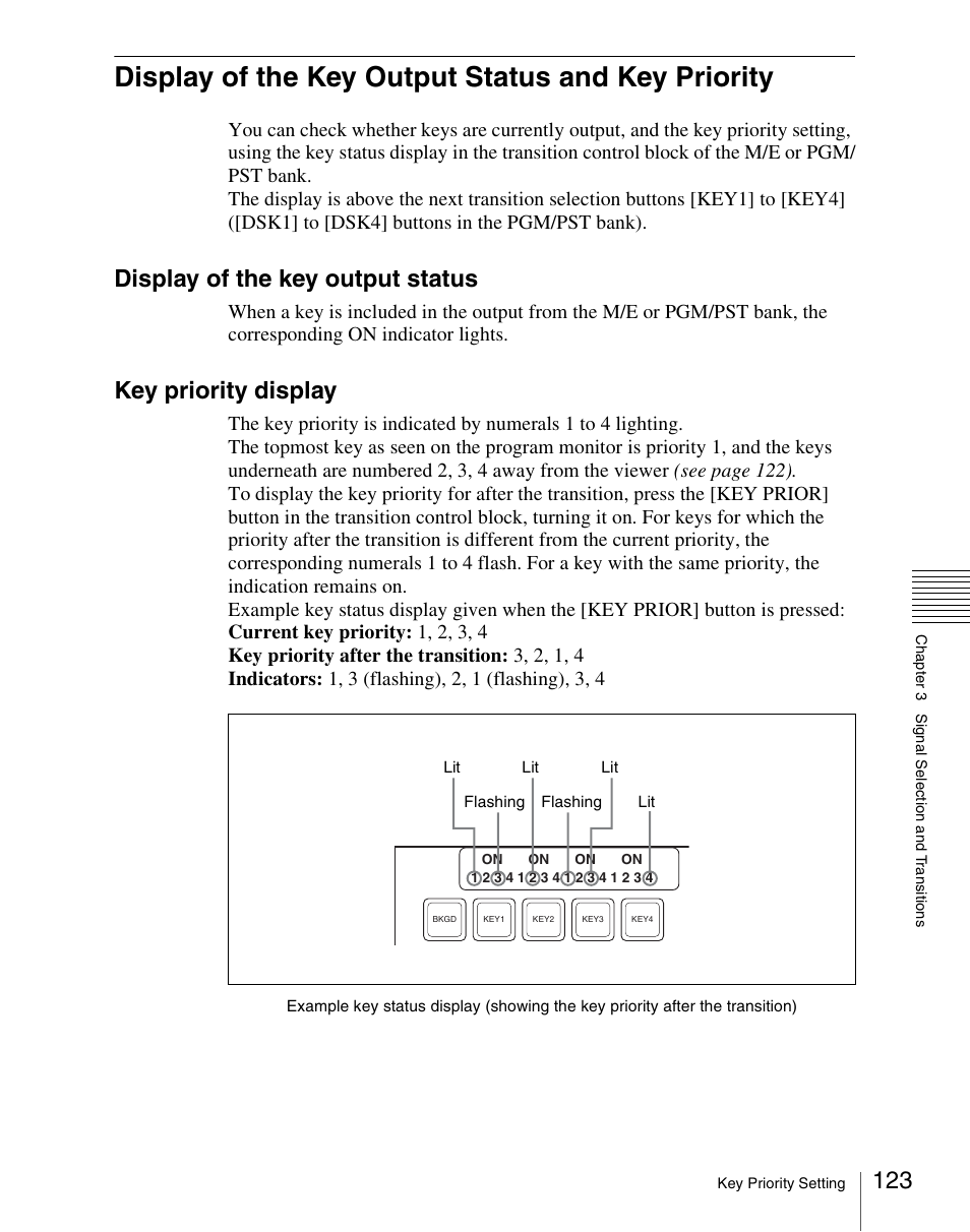 Display of the key output status and key priority, Display of the key output status, Key priority display | Sony Multi Interface Shoe Adapter User Manual | Page 123 / 1094