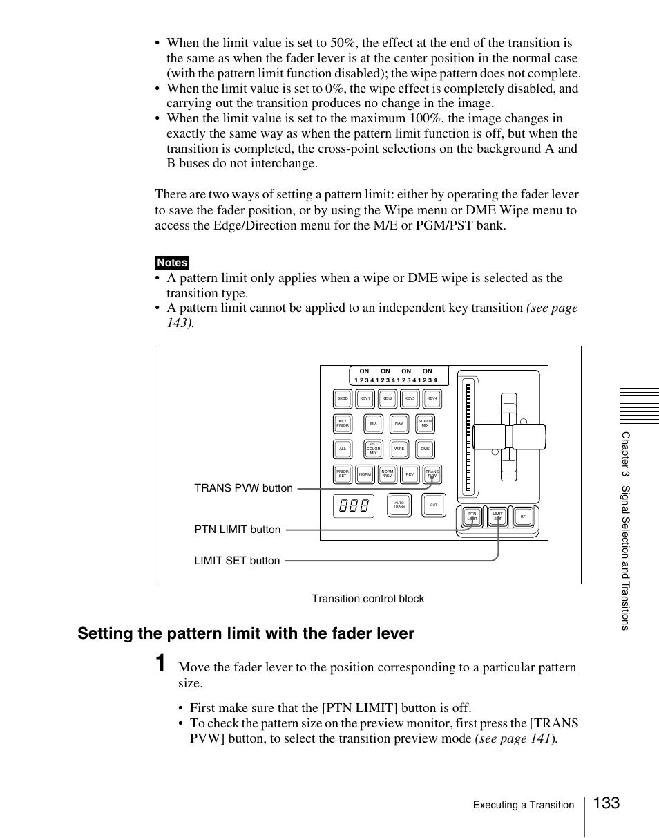 Setting the pattern limit with the fader lever, Transition control block, Trans pvw button ptn limit button limit set button | Sony Multi Interface Shoe Adapter User Manual | Page 133 / 1094