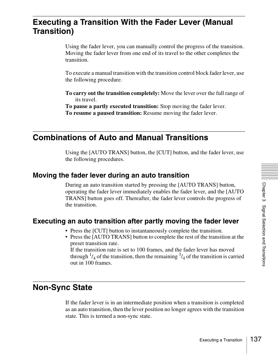 Combinations of auto and manual transitions, Non-sync state, Moving the fader lever during an auto transition | Sony Multi Interface Shoe Adapter User Manual | Page 137 / 1094