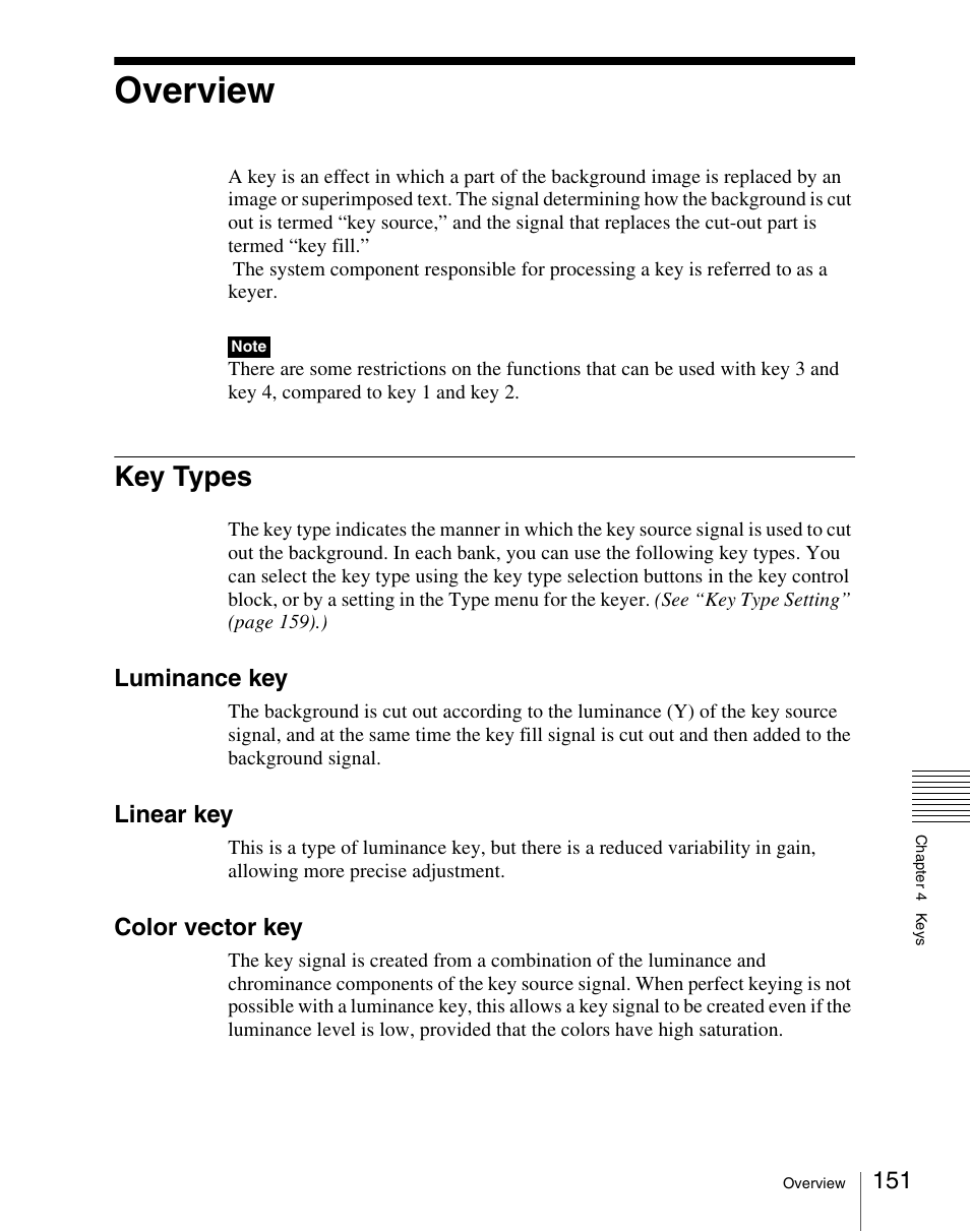 Overview, Key types, Luminance key | Linear key, Color vector key | Sony Multi Interface Shoe Adapter User Manual | Page 151 / 1094