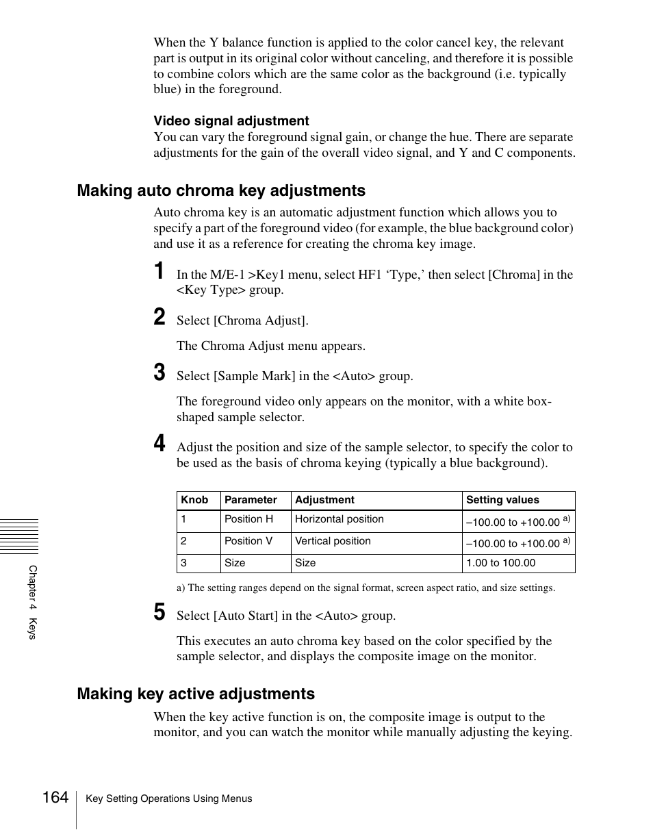 Making auto chroma key adjustments, Making key active adjustments | Sony Multi Interface Shoe Adapter User Manual | Page 164 / 1094