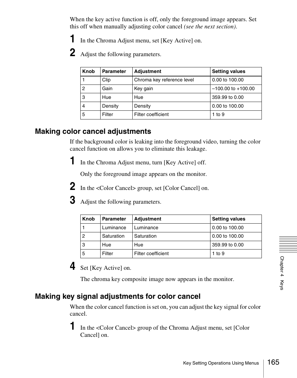 Making color cancel adjustments, Making key signal adjustments for color cancel | Sony Multi Interface Shoe Adapter User Manual | Page 165 / 1094