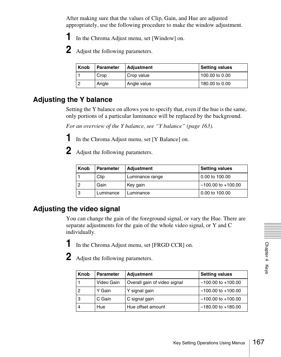 Adjusting the y balance, Adjusting the video signal | Sony Multi Interface Shoe Adapter User Manual | Page 167 / 1094