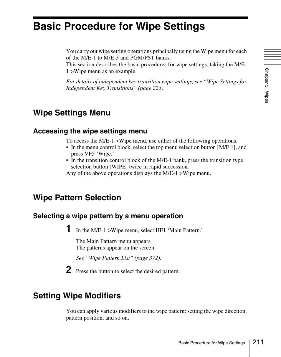 Basic procedure for wipe settings, Wipe settings menu, Wipe pattern selection | Setting wipe modifiers | Sony Multi Interface Shoe Adapter User Manual | Page 211 / 1094