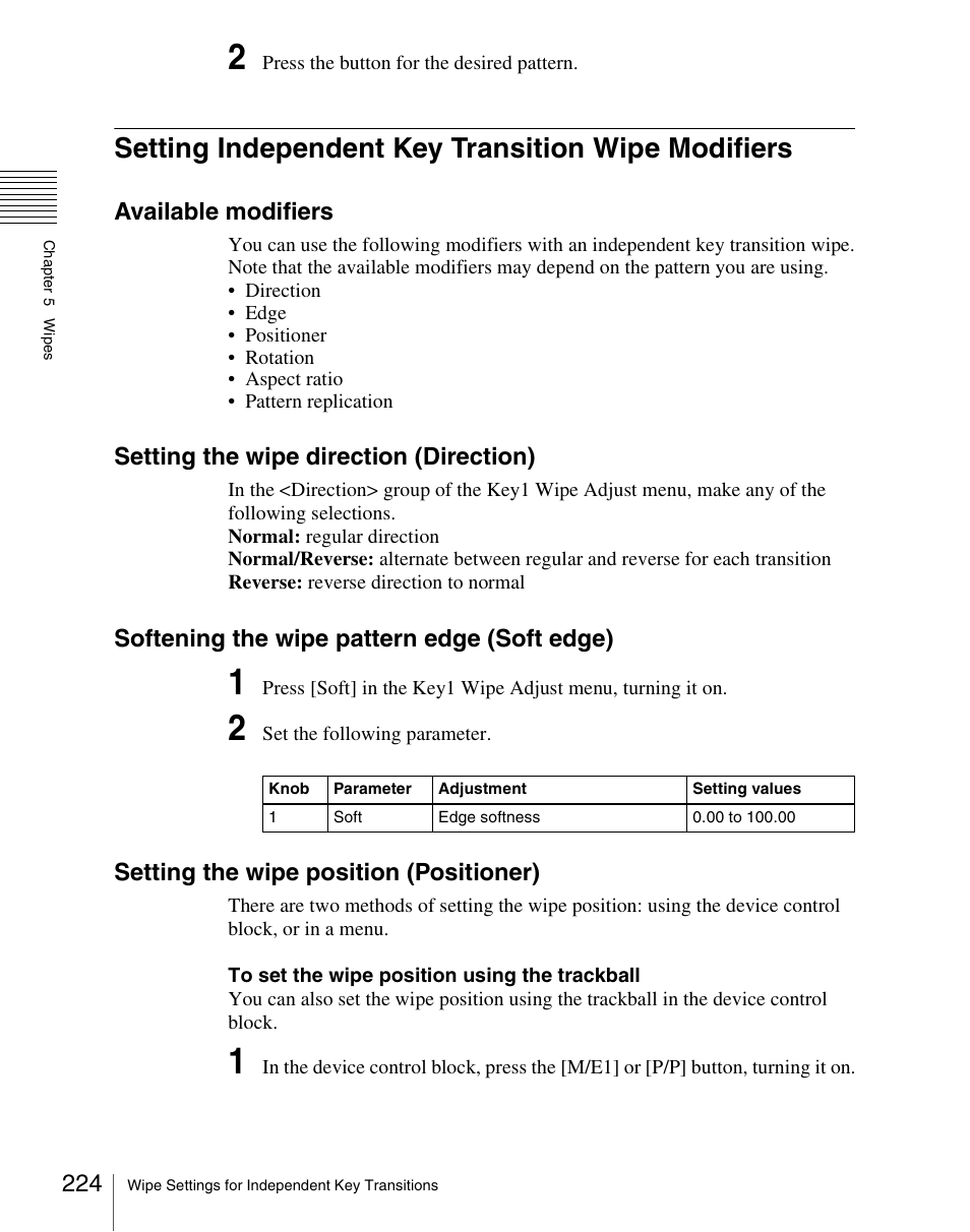 Setting independent key transition wipe modifiers, Available modifiers, Setting the wipe direction (direction) | Softening the wipe pattern edge (soft edge), Setting the wipe position (positioner) | Sony Multi Interface Shoe Adapter User Manual | Page 224 / 1094